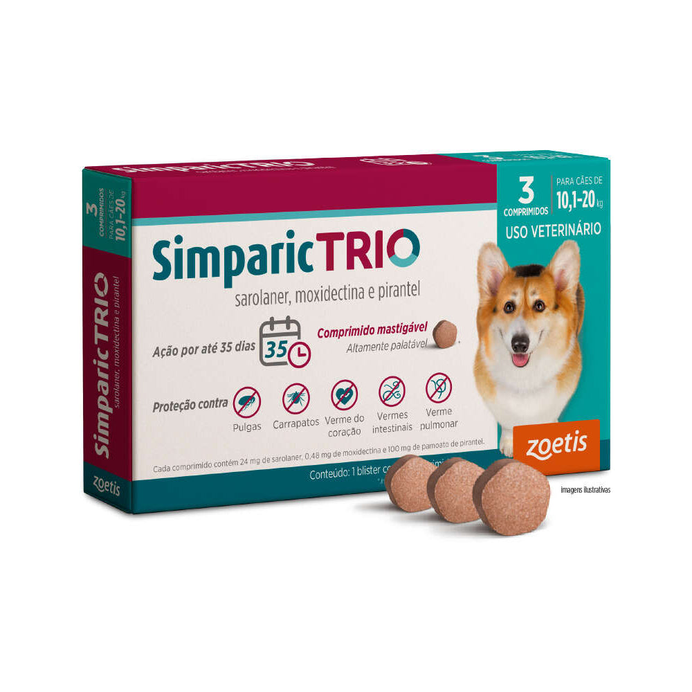 Antipulgas Simparic Trio 24mg Cães 10,1 a 20kg 3 comprimidos