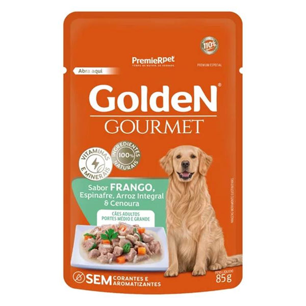 Alimento Úmido Golden Gourmet Cães Adultos Raças Médias e Grandes Frango e Espinafre 85g
