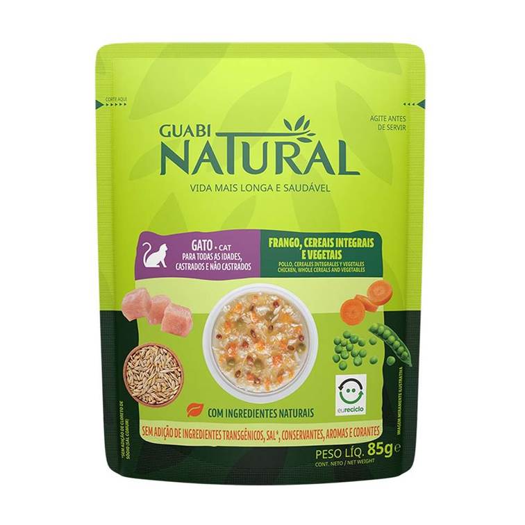 Alimento Úmido Guabi Natural Sachê Gato Castrado Frango, Cereais e Vegetais 85g