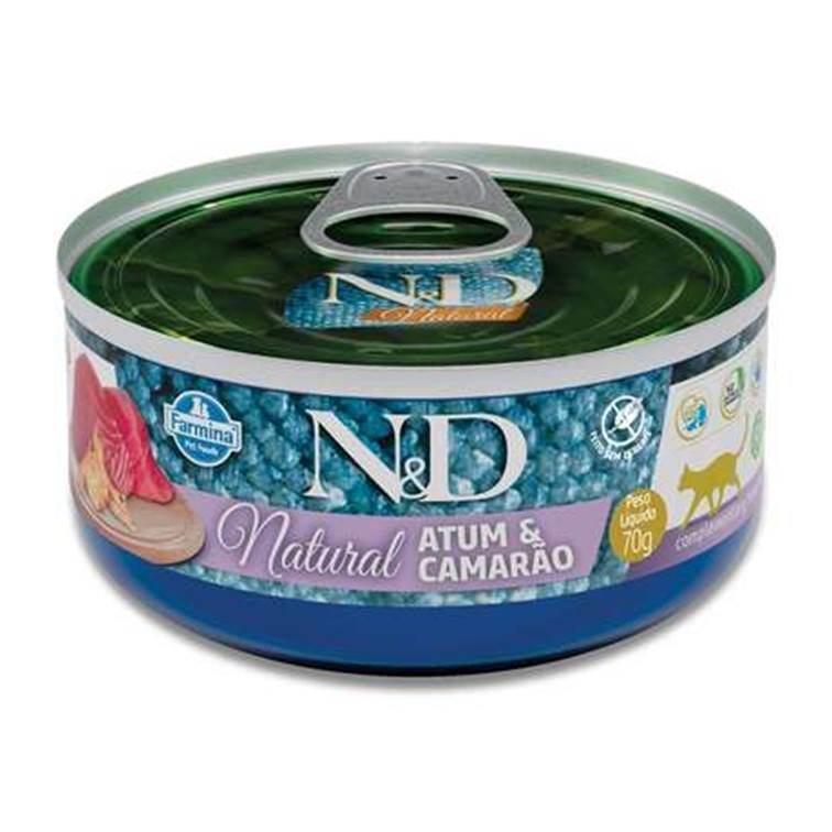 Alimento Úmido N&D Natural Gato Atum e Camarão Lata 70g