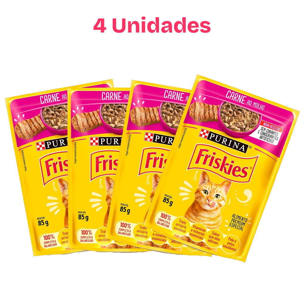 Combo 4 Sachês para Gatos Friskies Carne ao Molho 85g