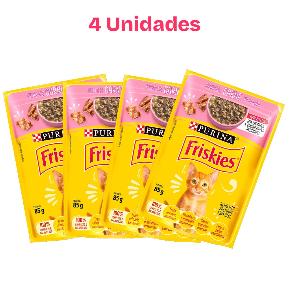 Combo 4 Sachês para Gatos Friskies Filhote Carne ao Molho 85g