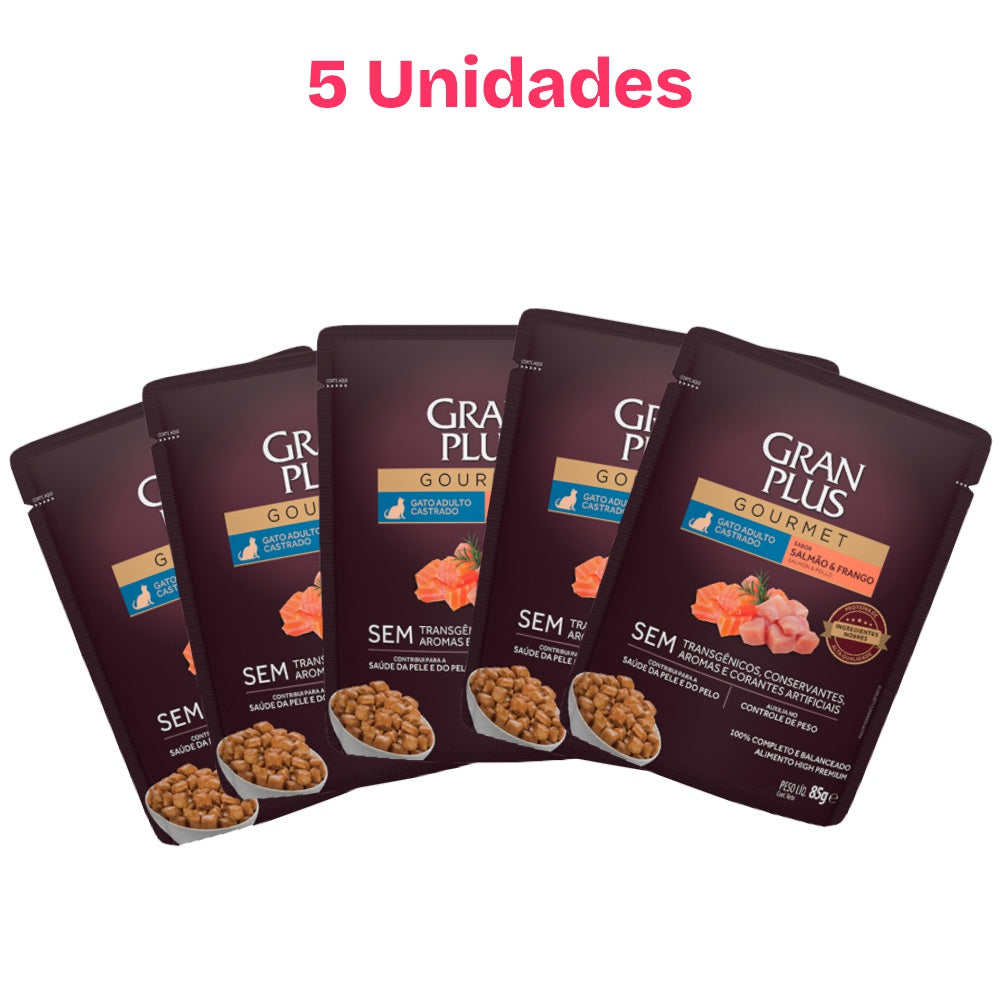 Combo 5 Sachês para Gatos Castrados GranPlus Gourmet Salmão e Frango 85g
