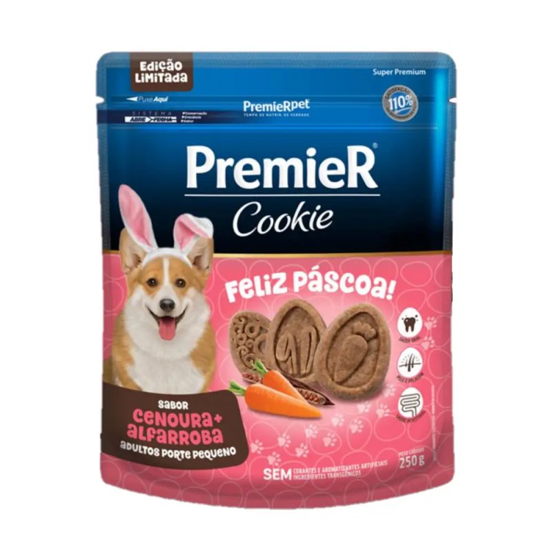 Petisco Premier Cookie Cenoura e Alfarroba Páscoa Cães Adultos Pequeno Porte 250g