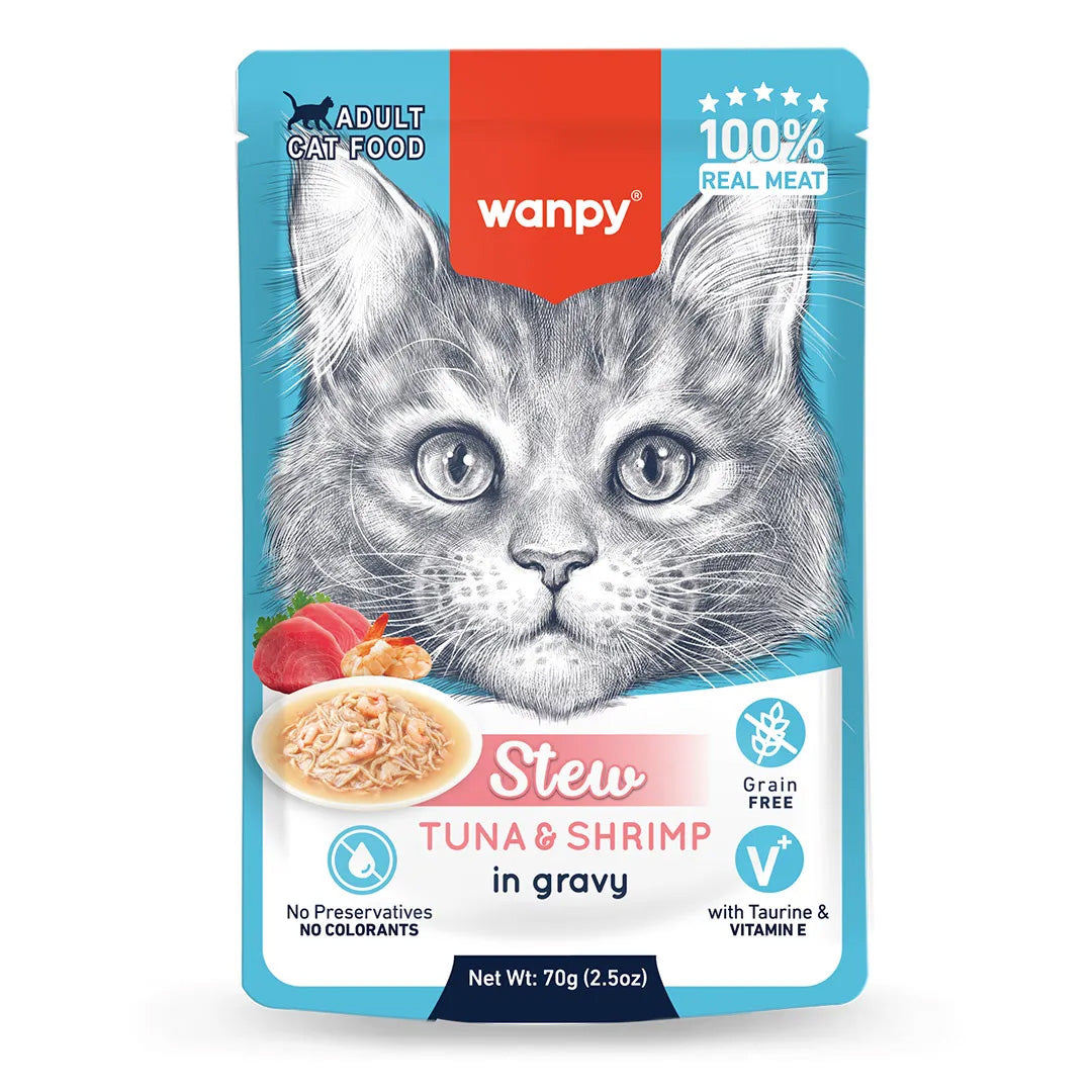 Petisco para Gato Wanpy Sachê Stew Atum e Camarão 70g