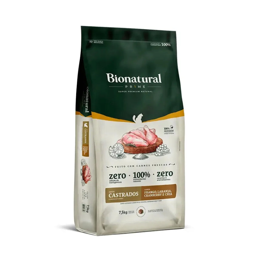 Ração Bionatural Prime Gatos Adultos Castrados Frango 7,5kg