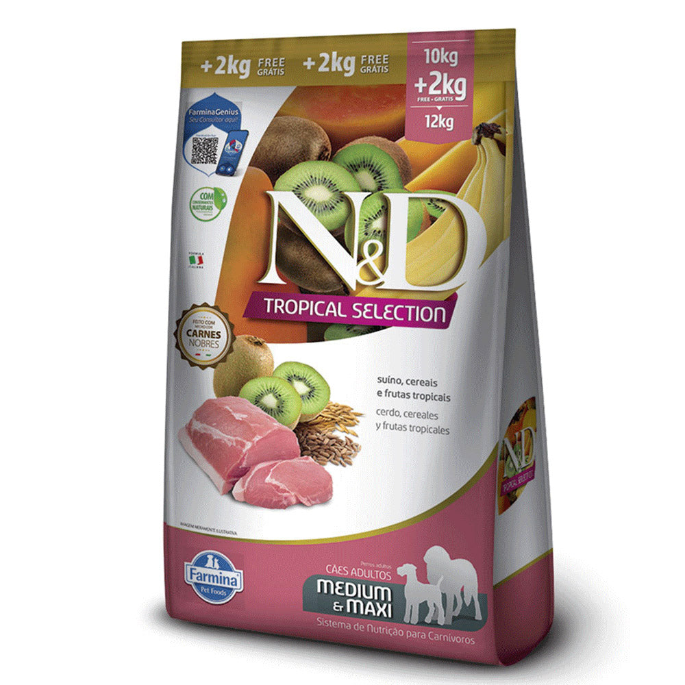 Ração N&D Tropical Selection Cão Adulto Medium e Maxi Suíno 10+2kg