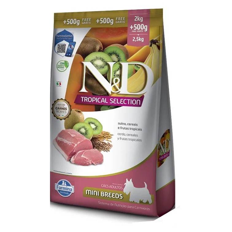 Ração N&D Tropical Selection Suíno, Cereais e Frutas Tropicais Cães Adultos Raças Minis  2+0,5kg