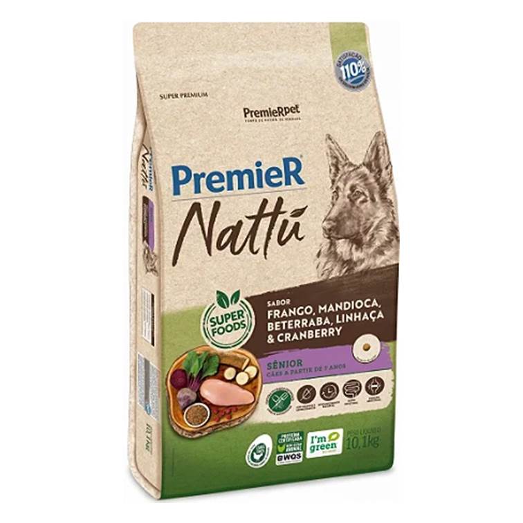 Ração Premier Nattú Mandioca Cães Sênior Raças Médias 10,1kg