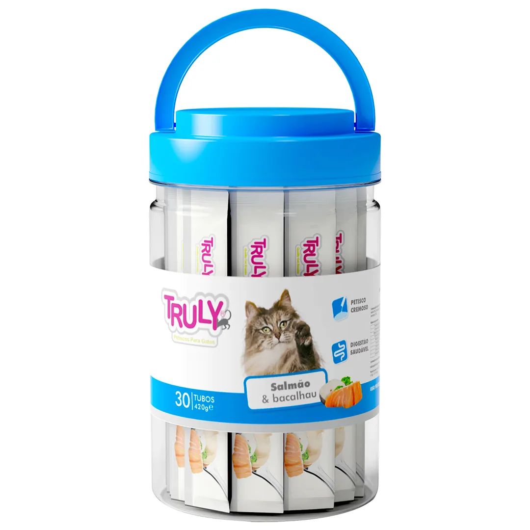 Petiscos para Gato Truly Creamy Salmão e Bacalhau Pote com 30 tubos 420g