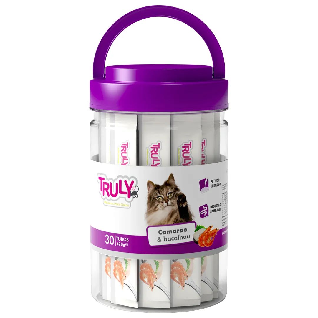 Petiscos para Gato Truly Creamy Camarão e Bacalhau Pote com 30 tubos 420g