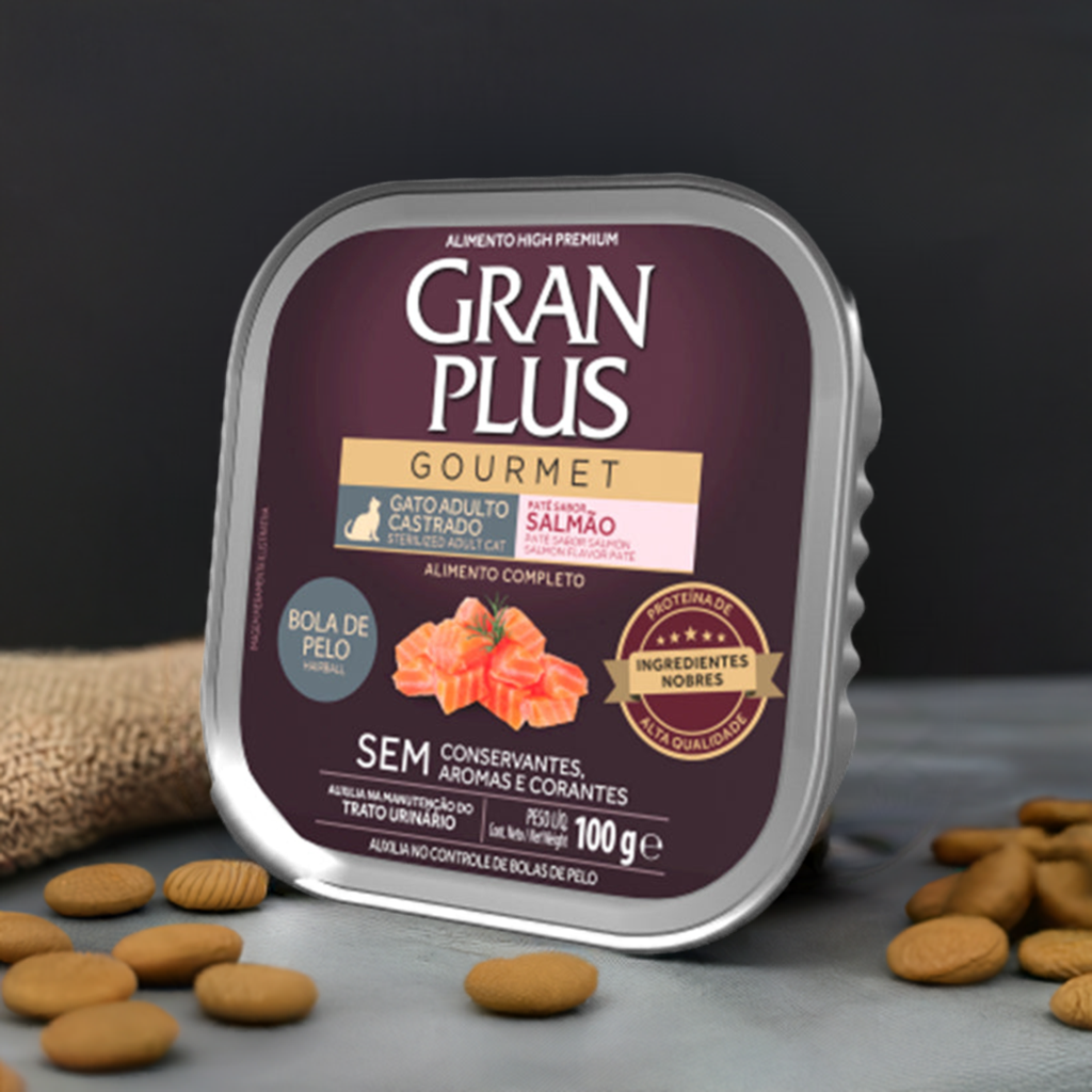 Alimento Úmido GranPlus Gourmet Patê Anti Bolas de Pelo Salmão para Gatos Adultos Castrados 100g