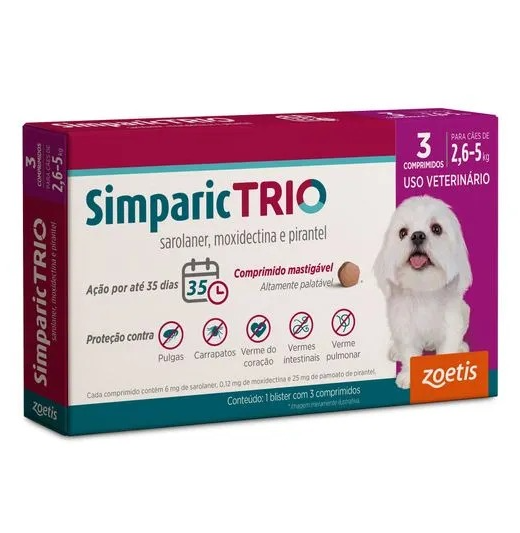 Antipulgas Simparic Trio 6mg Cães 5,1 a 10kg 3 comprimidos
