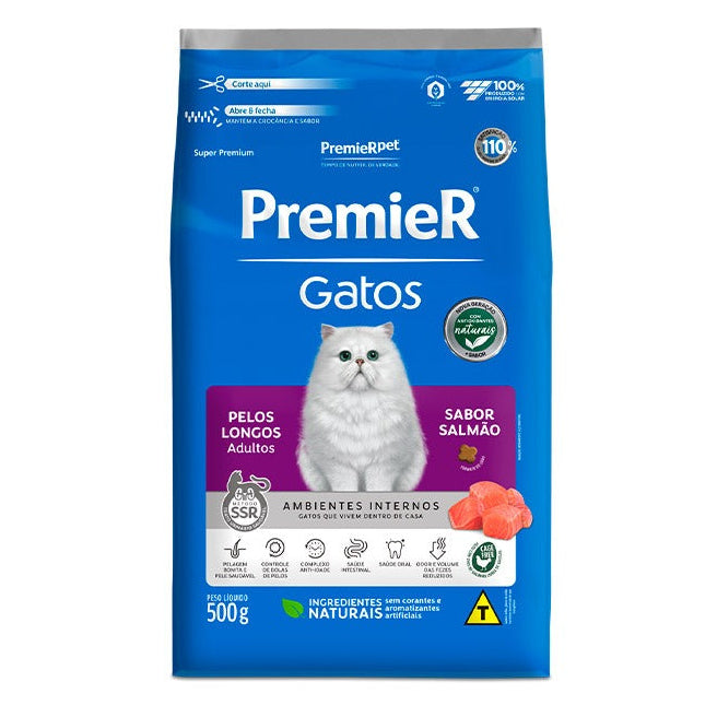 Ração Premier Ambientes Internos Gato Adulto Pêlo Longo Salmão 500g