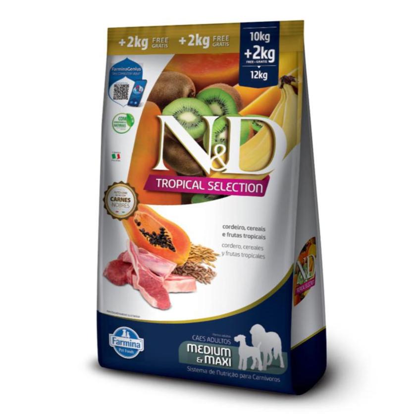 Ração N&D Tropical Selection Cães Adulto Medium e Maxi Cordeiro 10+2kg