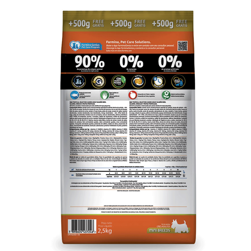 Ração N&D Tropical Selection Salmão, Cereais e Frutas Tropicais Cães Adultos Raças Minis 2+0,5kg