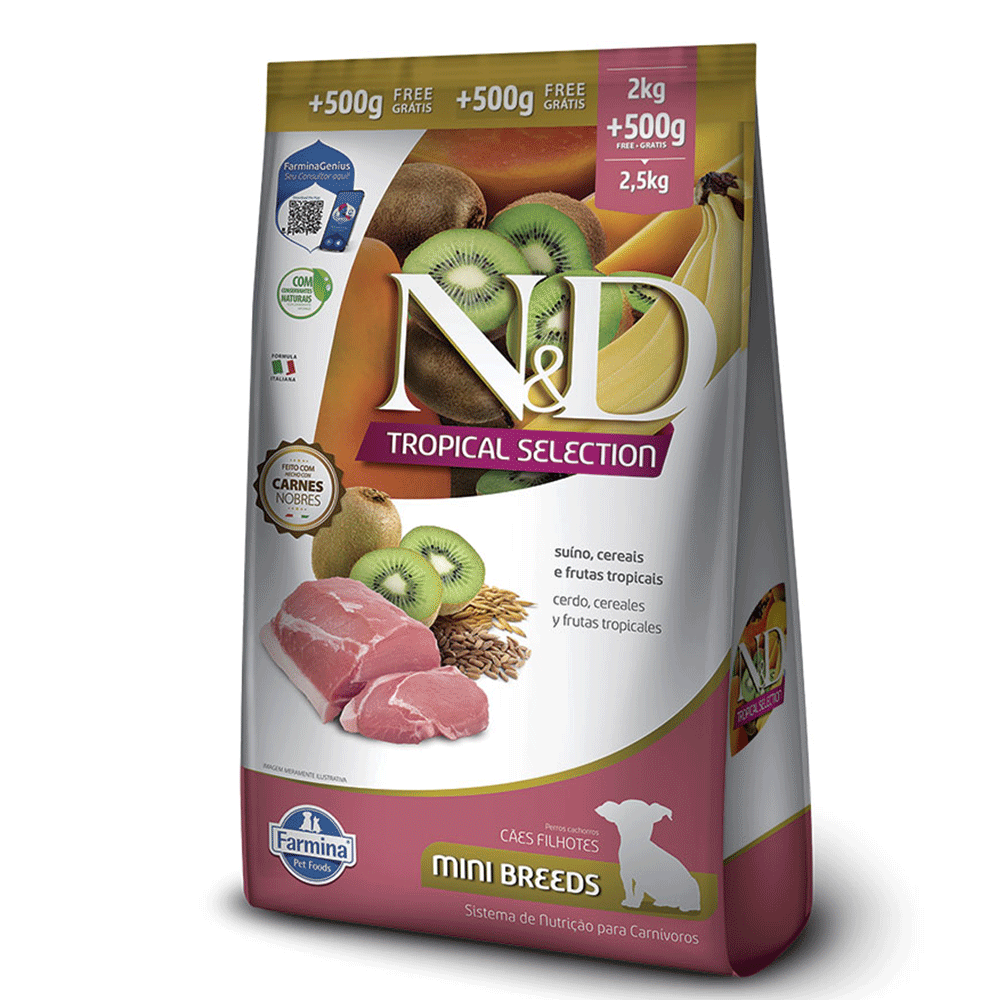 Ração N&D Tropical Selection Suíno, Cereais e Frutas Tropicais Cães Filhotes Raças Minis 2+0,5kg