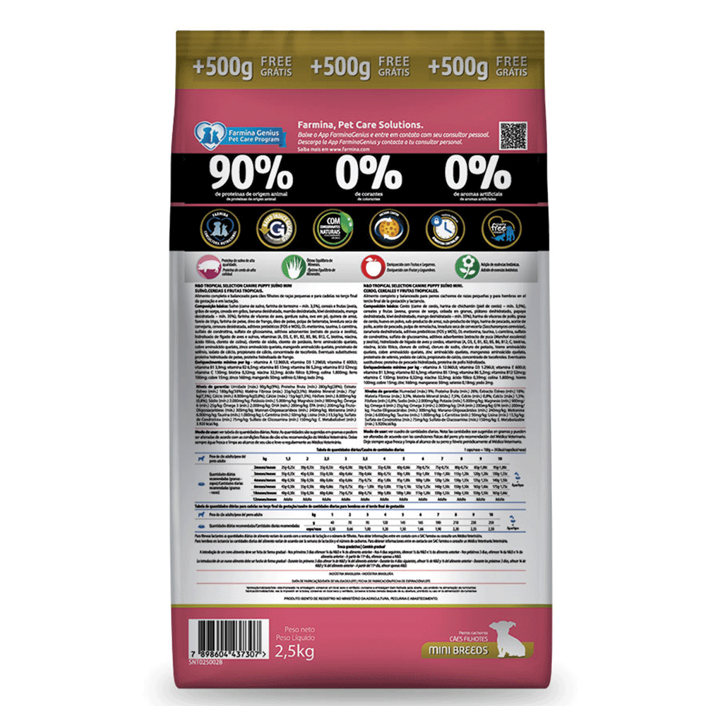 Ração N&D Tropical Selection Suíno, Cereais e Frutas Tropicais Cães Filhotes Raças Minis 2+0,5kg