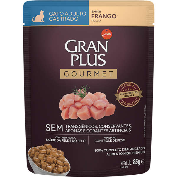 Alimento Úmido GranPlus Sachê Gourmet Gatos Adultos Castrados Frango 85g