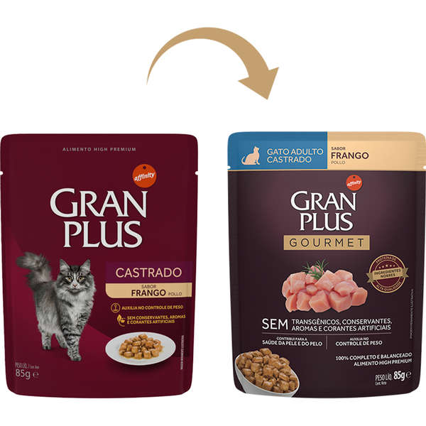 Alimento Úmido GranPlus Sachê Gourmet Gatos Adultos Castrados Frango 85g