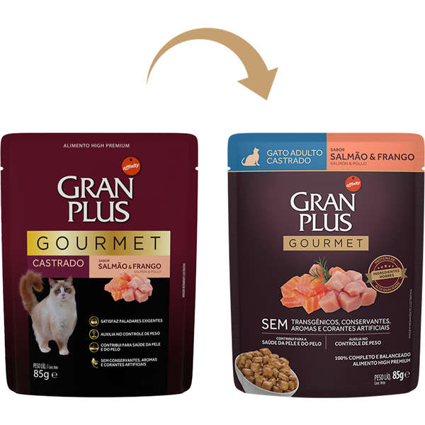 Alimento Úmido GranPlus Sachê Gourmet Gatos Castrados Salmão e Frango 85g