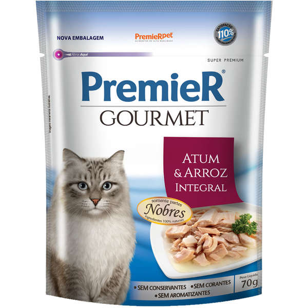 Alimento Úmido Premier Gourmet Sachê Gatos Castrados Atum e Arroz Integral 70g