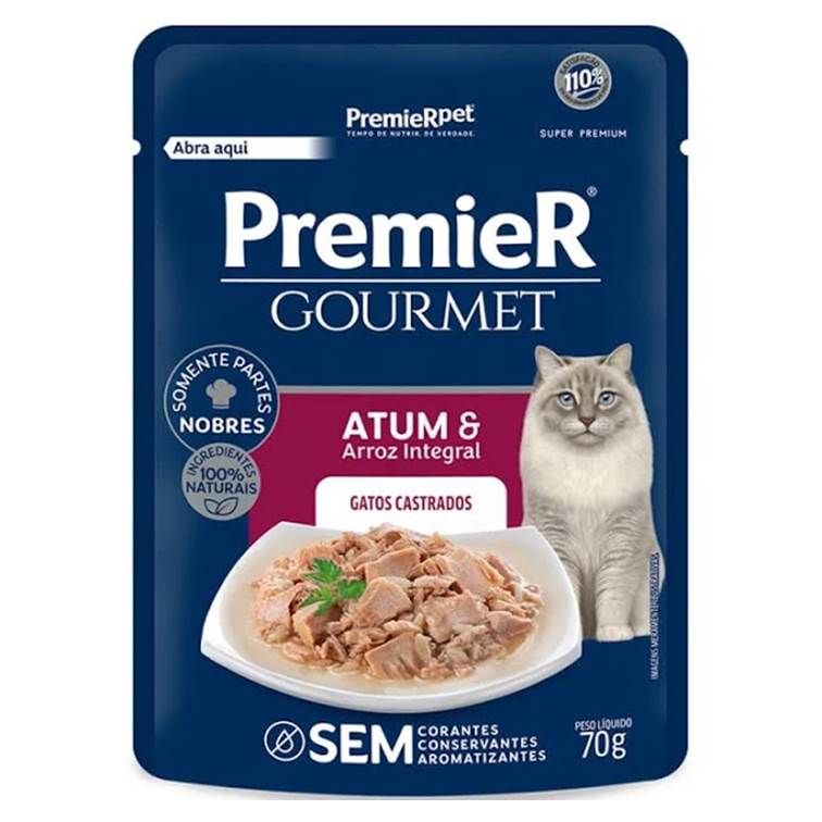 Alimento Úmido Premier Gourmet Sachê Gatos Castrados Atum e Arroz Integral 70g