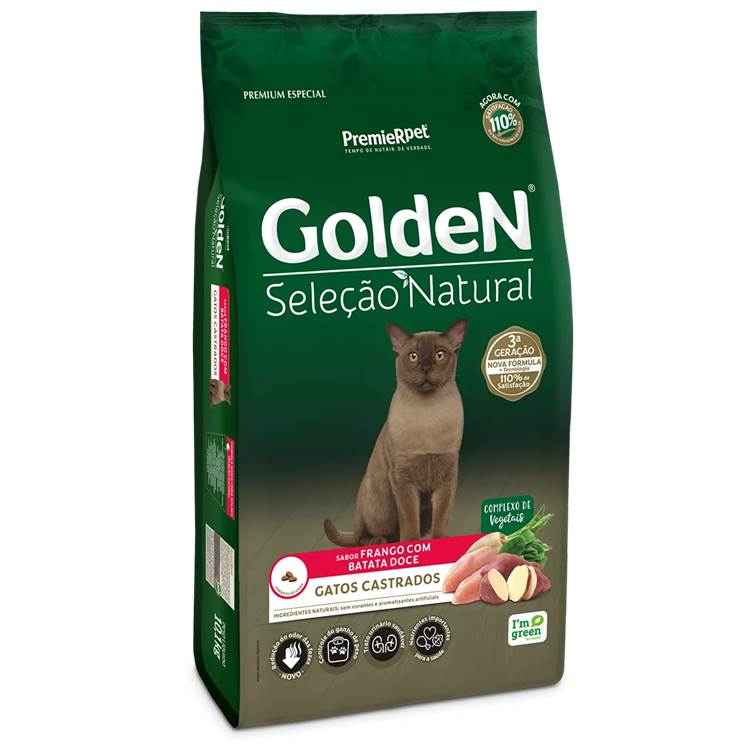 Ração Golden Seleção Natural Gatos Adultos Castrados Frango e Batata Doce 3kg