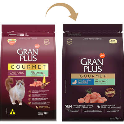 Ração GranPlus Gourmet Gatos Castrados Peru 1kg