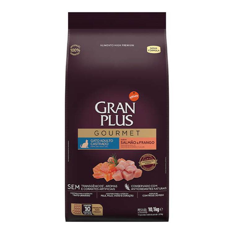 Ração GranPlus Gourmet Gatos Castrados Salmão e Frango 10kg Pacotes Individuais de 1,01kg