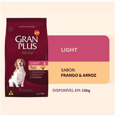 Ração GranPlus Menu Light Cães Adultos Raças Médias e Grandes Frango e Arroz 15kg