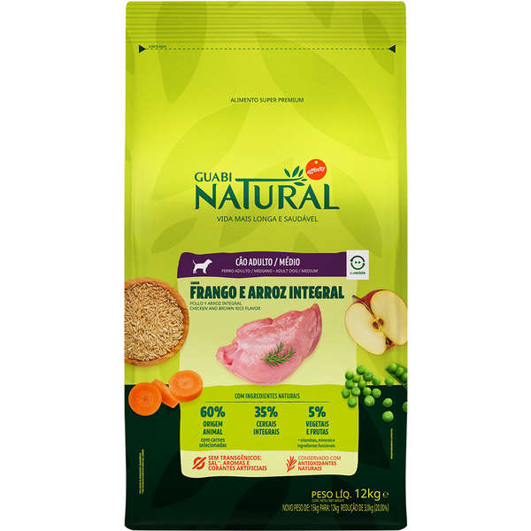 Ração Guabi Natural Cão Adulto Raças Médias Frango e Arroz Integral 12kg