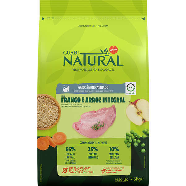 Ração Guabi Natural Gato Sênior Castrado Frango e Arroz Integral 7,5kg