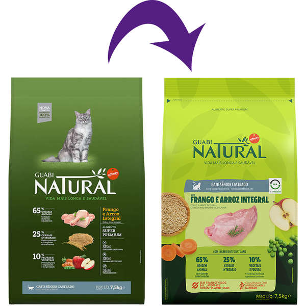 Ração Guabi Natural Gato Sênior Castrado Frango e Arroz Integral 7,5kg