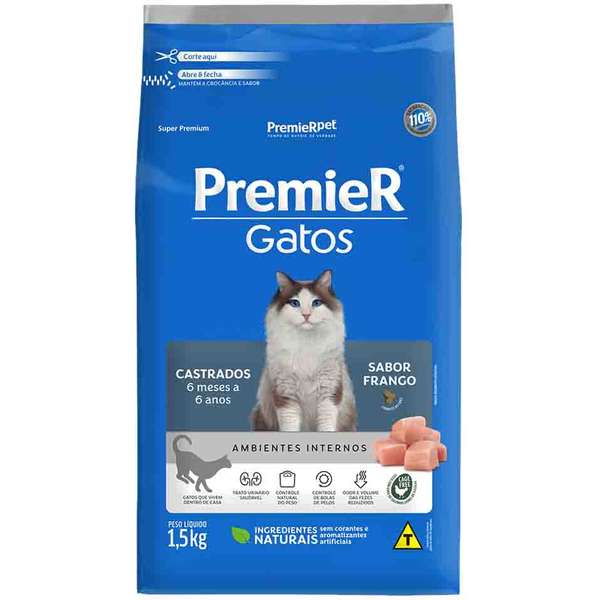 Ração Premier Ambientes Internos Gato Adulto Castrado 6 meses até 6 anos Frango 1,5kg