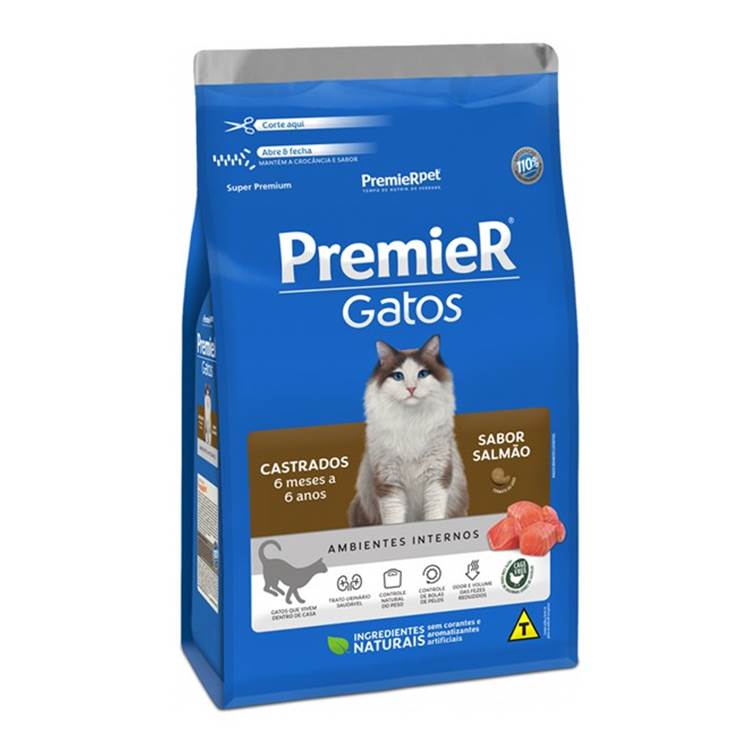 Ração Premier Ambientes Internos Gato Adulto Castrado 6 meses até 6 anos Salmão 1,5kg