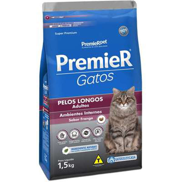 Ração Premier Ambientes Internos Gato Adulto Pêlo Longo Frango 1,5kg