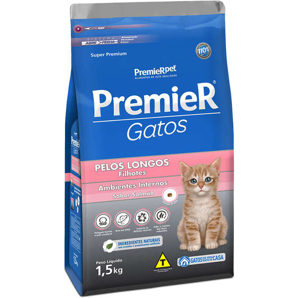 Ração Premier Ambientes Internos Gato Filhote Pêlo Longo Salmão 1,5kg