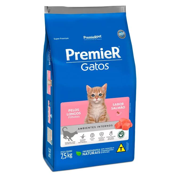 Ração Premier Ambientes Internos Gato Filhote Pêlo Longo Salmão 7,5kg