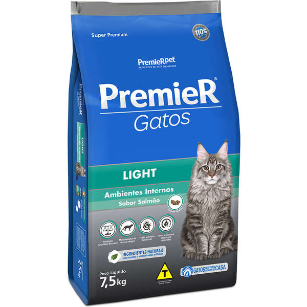 Ração Premier Ambientes Internos Light Gato Adulto Salmão 7,5kg