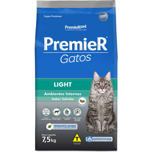 Ração Premier Ambientes Internos Light Gato Adulto Salmão 7,5kg