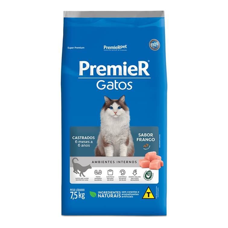 Ração Premier Ambientes Internos Gato Adulto Castrado 6 meses até 6 anos Frango 7,5kg