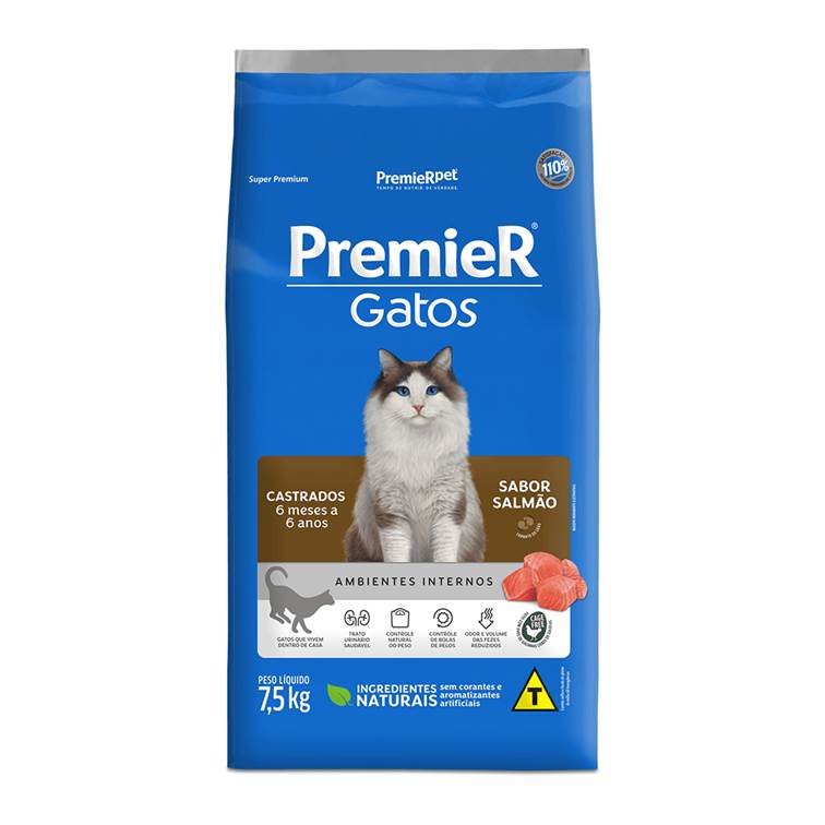 Ração Premier Ambientes Internos Gato Adulto Castrado 6 meses até 6 anos Salmão 7,5kg