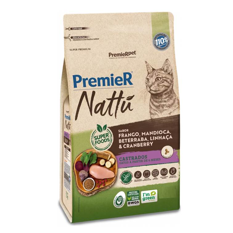 Ração Premier Nattú Gatos Adultos Castrados Mandioca 1,5kg