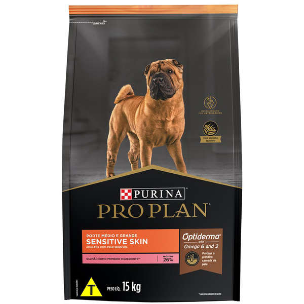 Ração Pro Plan Sensitive Skin Cães Adultos Raças Médias e Grandes 15kg