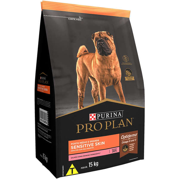 Ração Pro Plan Sensitive Skin Cães Adultos Raças Médias e Grandes 15kg